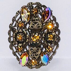 VINTAGE Gold Tone Filigree Amber Rhinestone Brooch AB Navette Statement